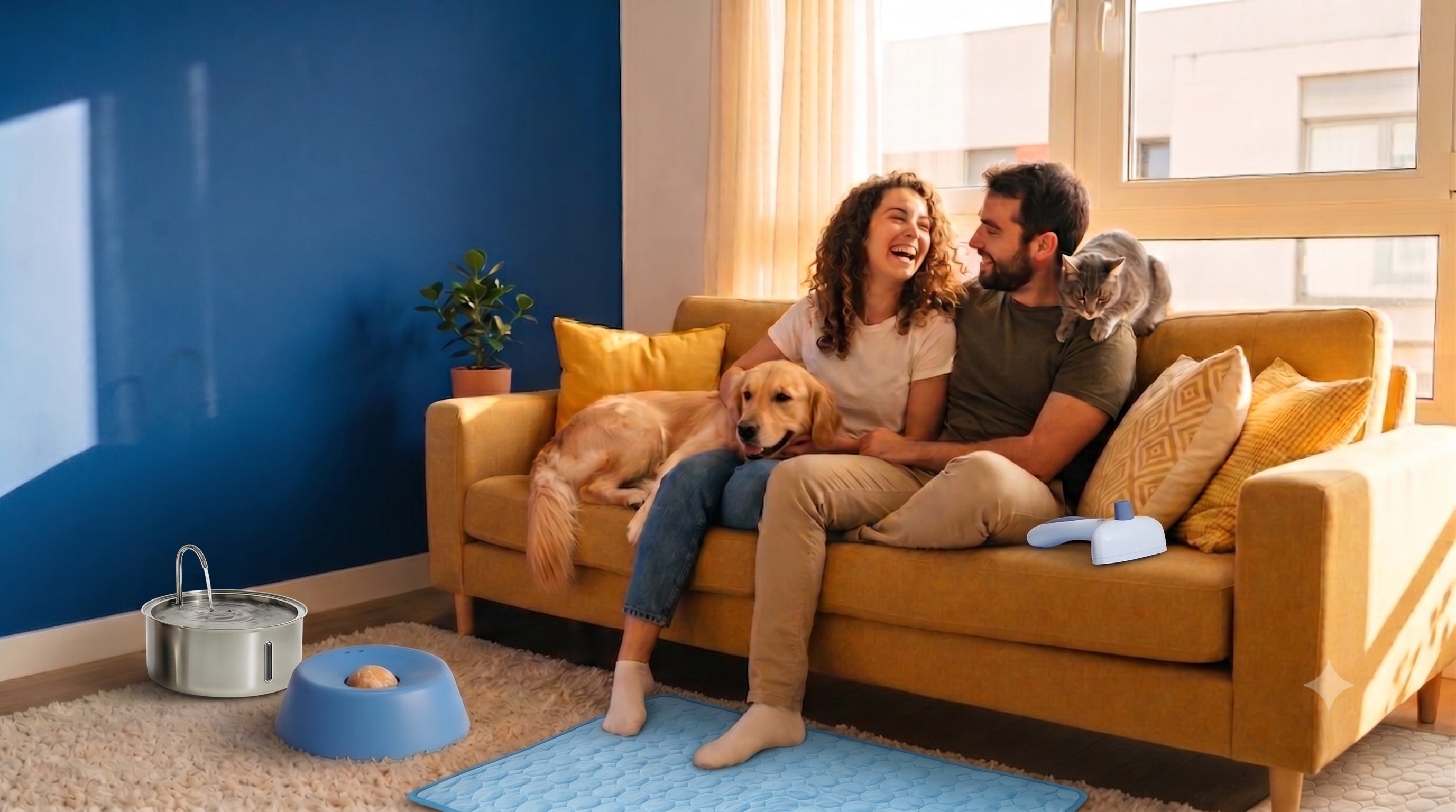 Pet parents relaxing at home with their dog and cat