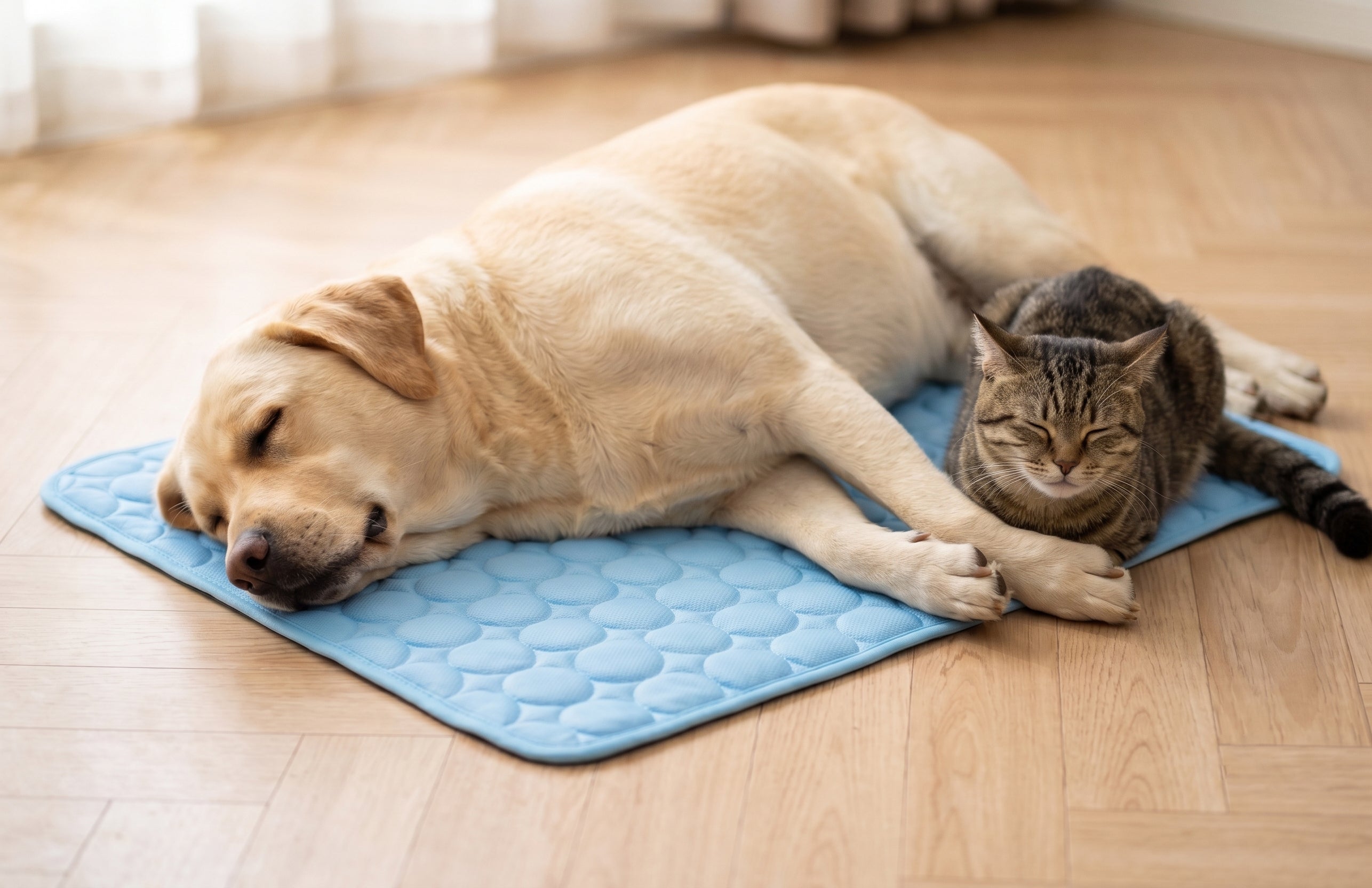 Dog and cat resting on Quilpets cooling mat